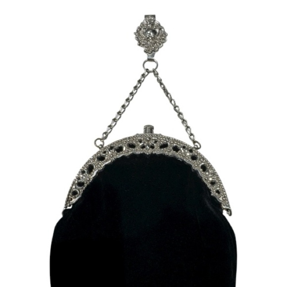 Vintage Victorian Style Silver Tone Mounted Black Velvet Bag with Belt Clip - Picture 2 of 14